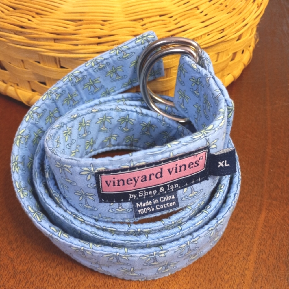 Vineyard Vines Pastel Blue Palm Tree D-Ring Canvas Belt Size XL